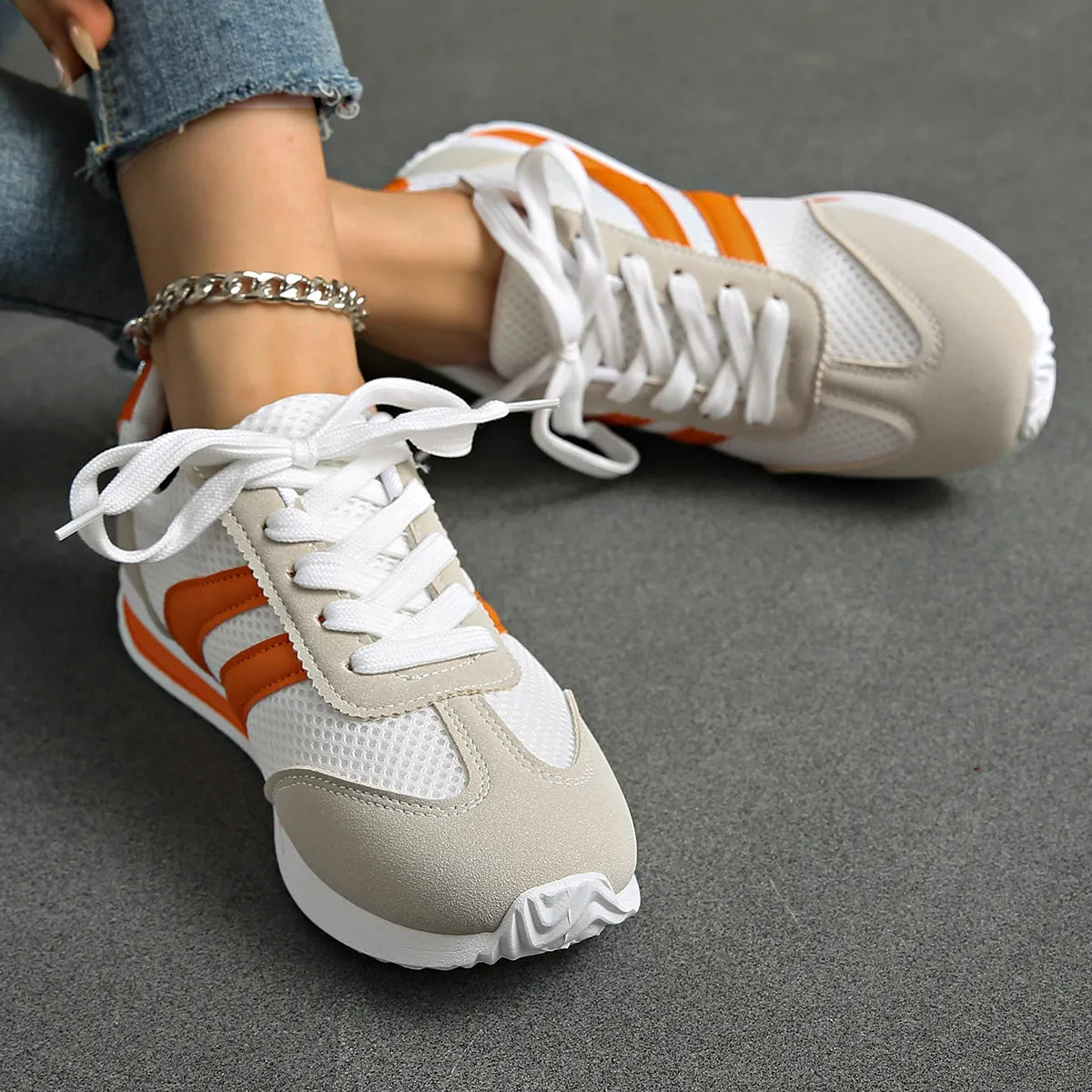 Striped Contrast Mesh Lace Up Sneakers