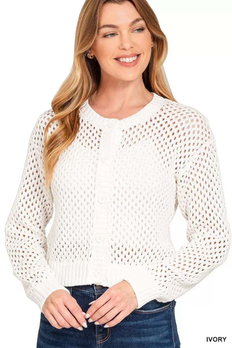 Zenana Button Down Lightweight Crochet Cardigan Sweater