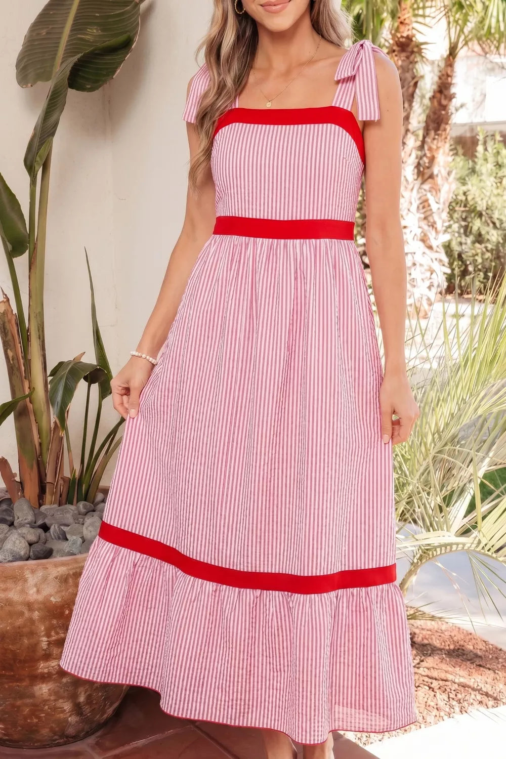 Stripe Bow Knot Straps Contrast Trim High Waist Ruffle Hem Maxi Dress