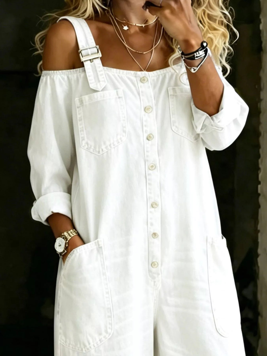 Full Size Button Front Wide-Leg Jumpsuit Plus Size
