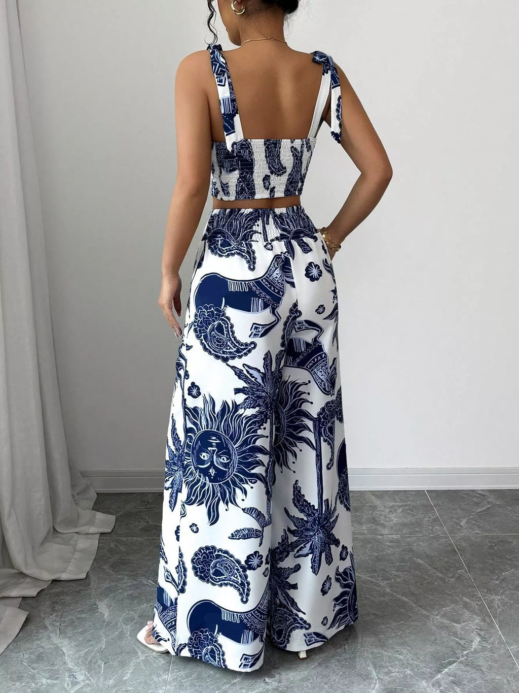 Floral Print Crop Top and Wide Leg Pants Set