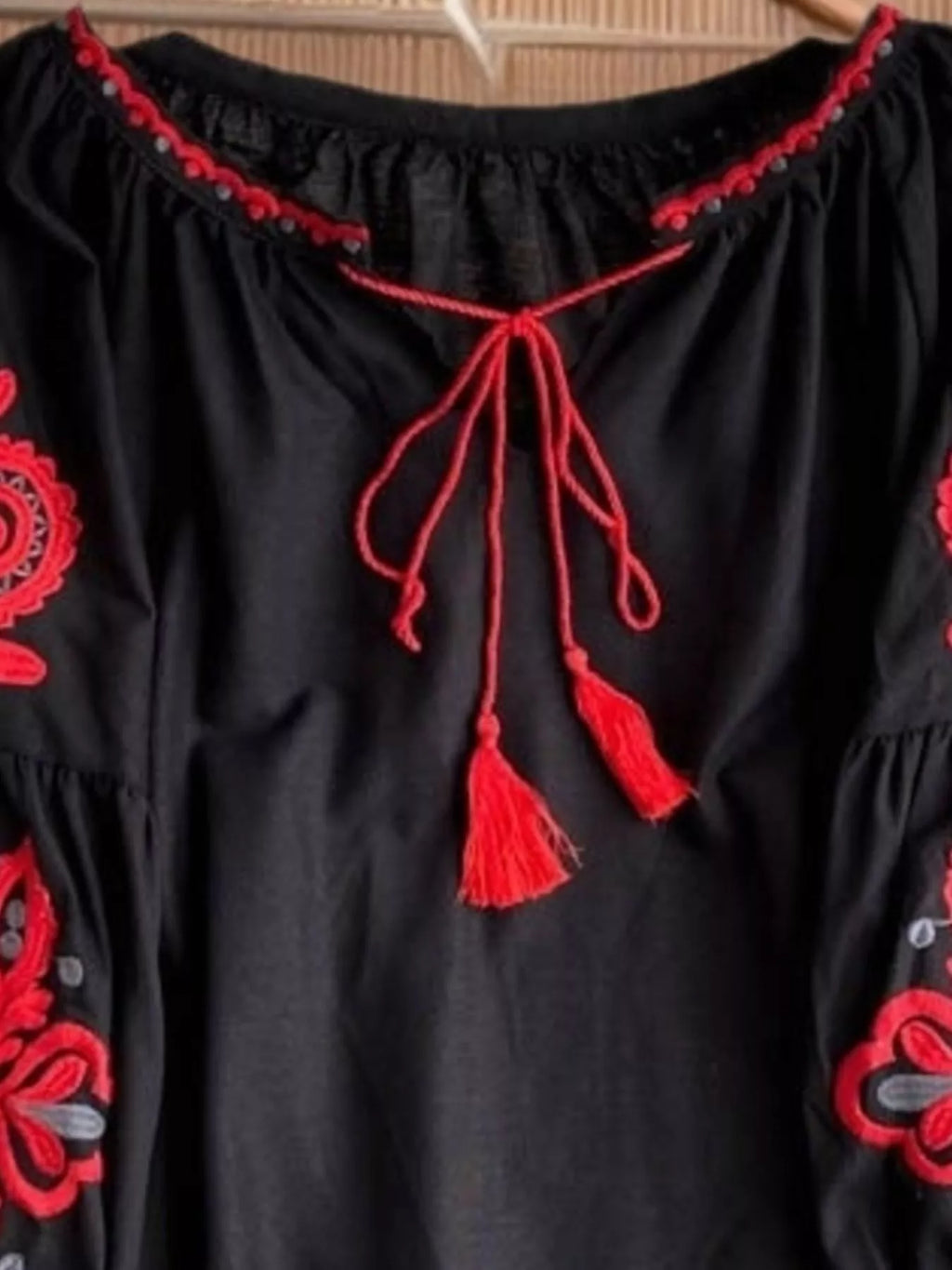 Embroidered Tassel Tie Neck Blouse
