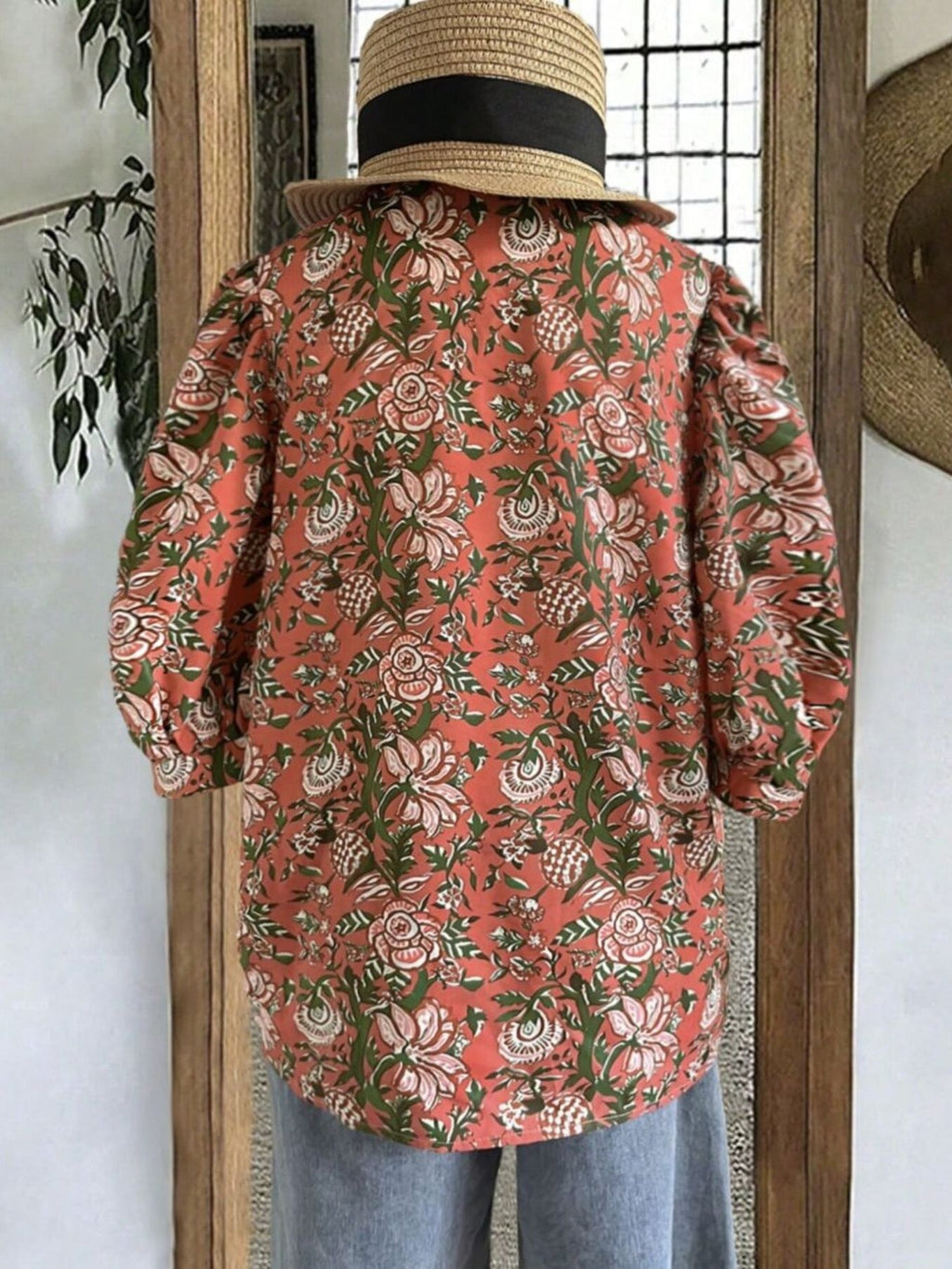 Floral Print Ruffle Neck Half Sleeve Blouse