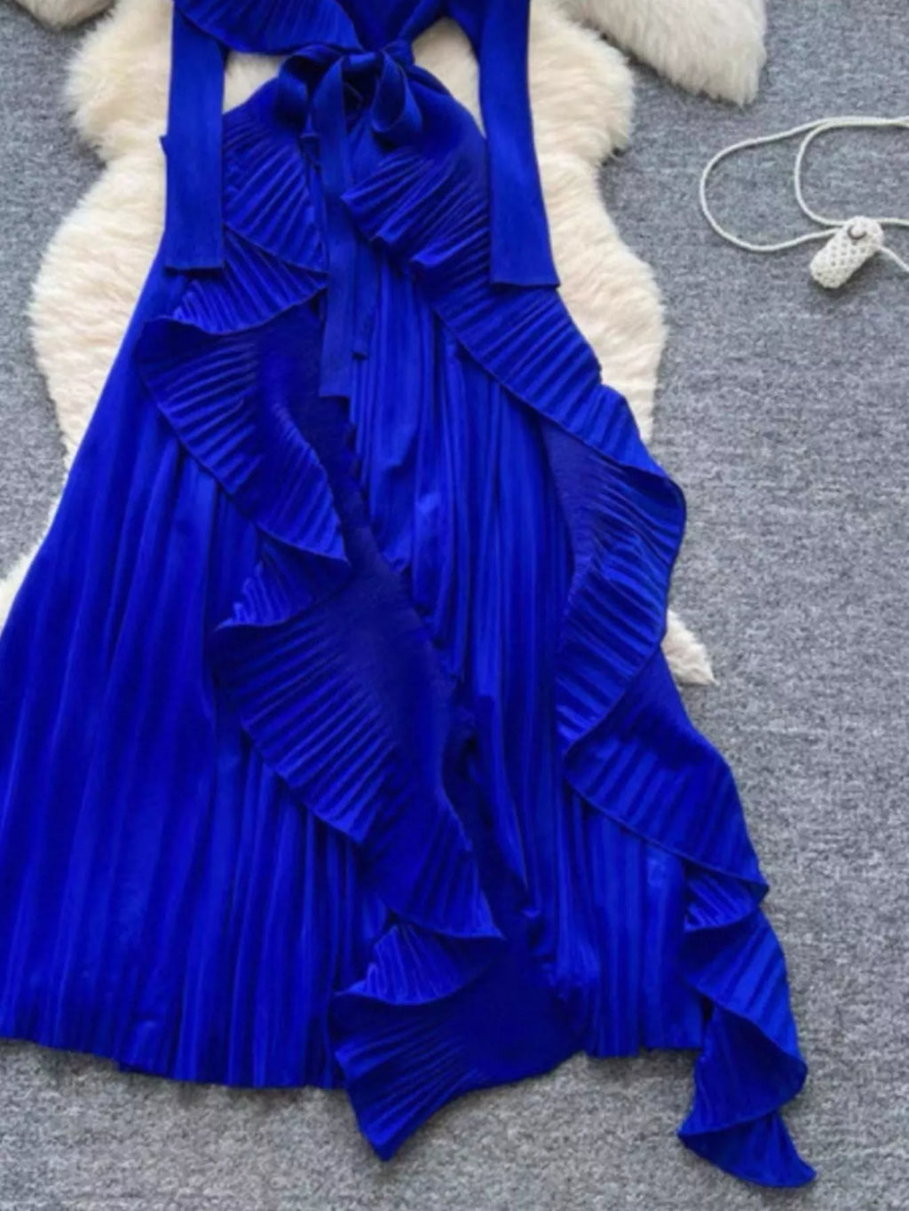 Ruffle Trim Pleated Midi Dress