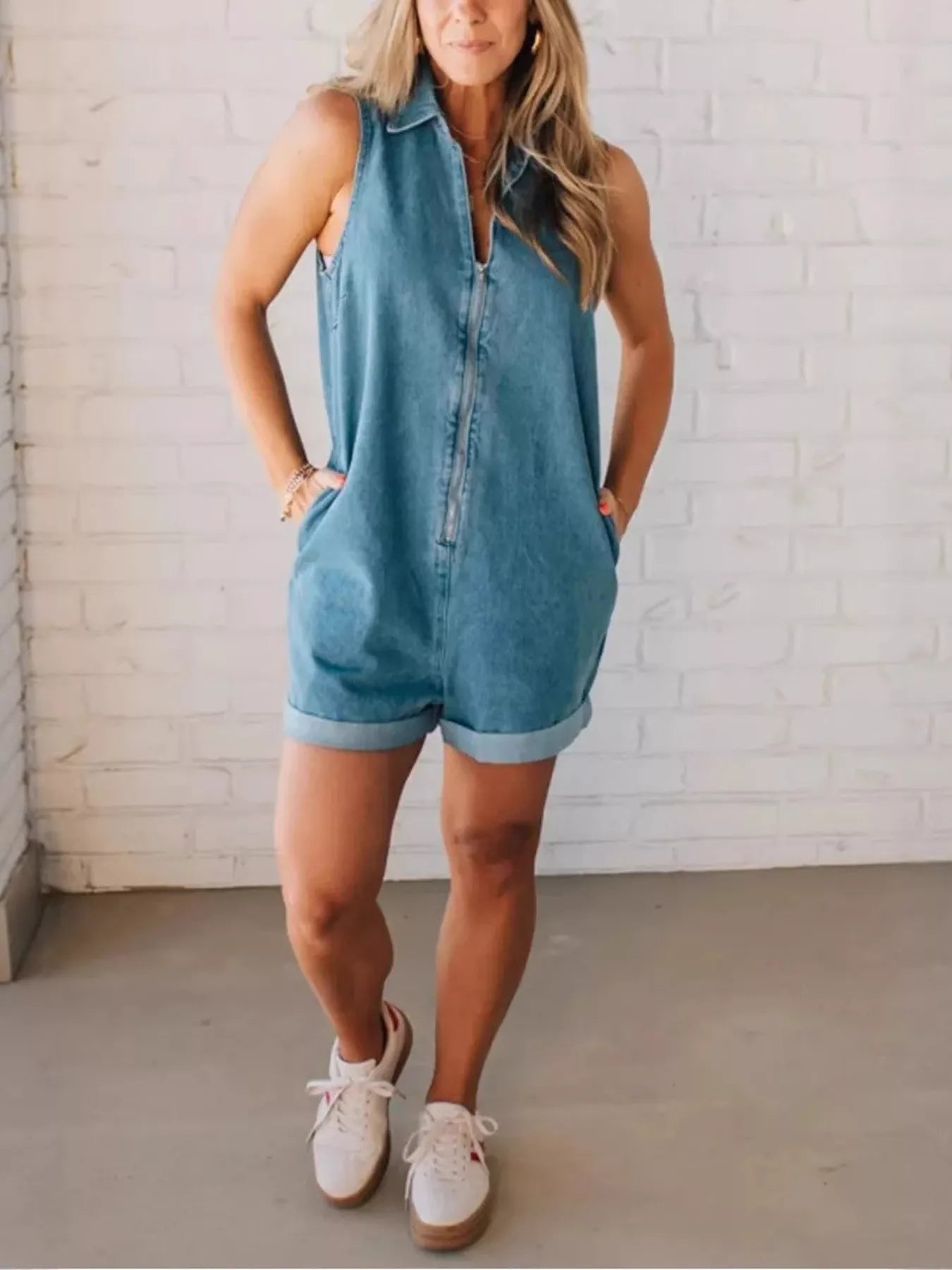 Sleeveless Zip-Up Denim Romper