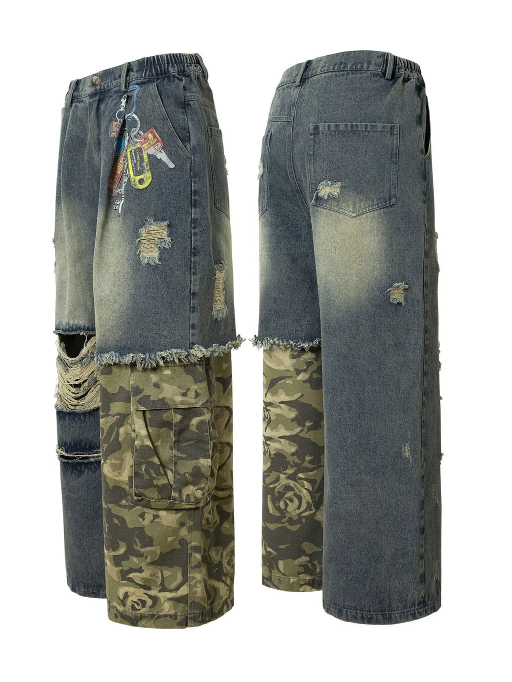 Men's Distressed Camouflage Patchwork Wide Leg Jeans