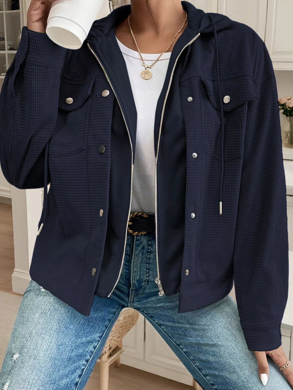 Hooded Waffle Knit Zip-Up Jacket