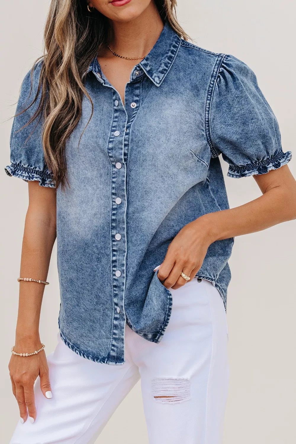 Frilled Short Sleeve Snap Button Denim Shirt