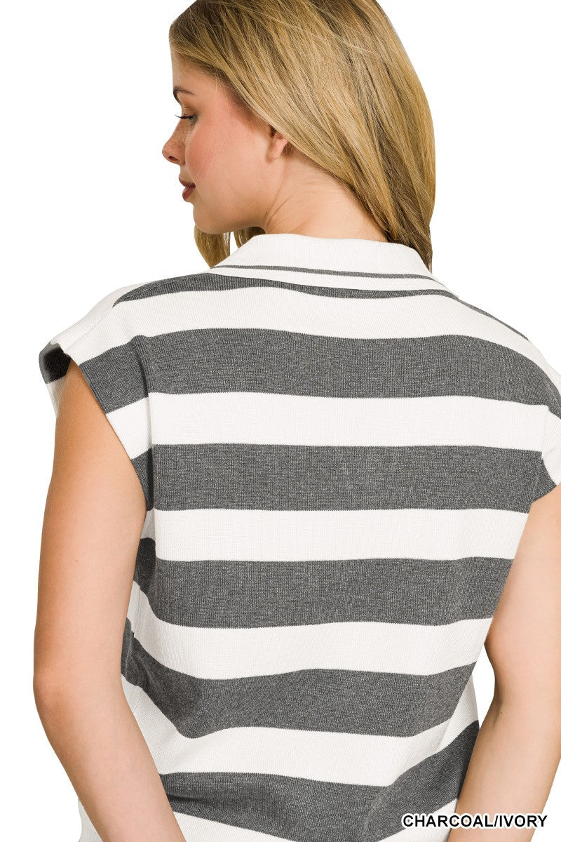 Zenana Viscose Striped Collared Sweater Vest