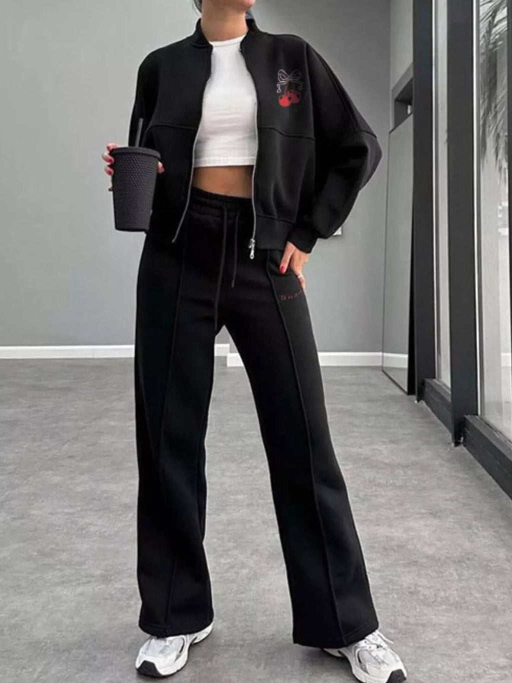 Zip Up Dropped Shoulder Outerwear and Pants Set