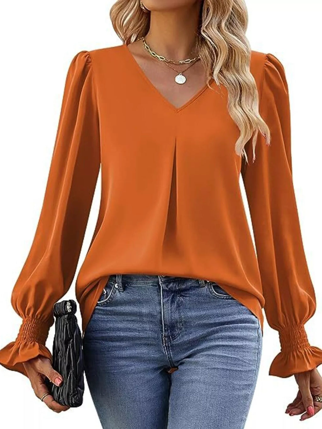 V-Neck Long Sleeve Ruffle Cuff Blouse