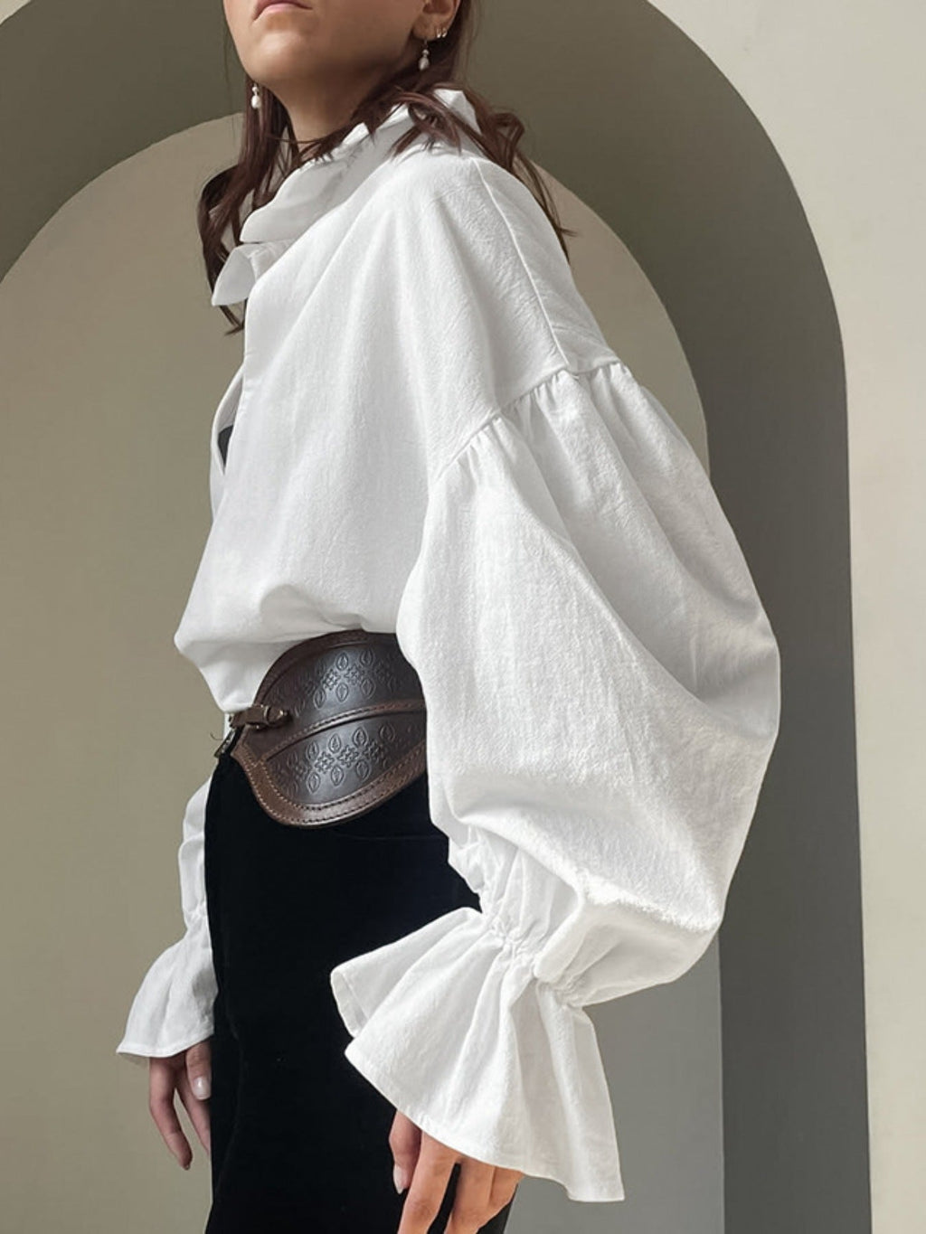 Notched Flounce Sleeve Blouse