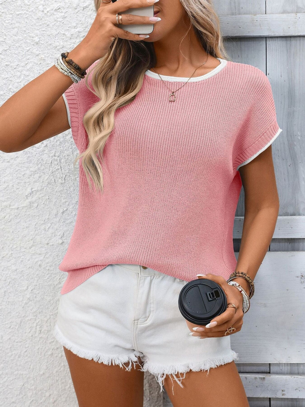 Contrast Trim Short Sleeve Sweater