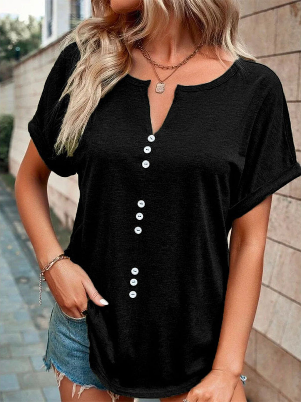 Full Size Decor Button Short Sleeve T-Shirt Plus Size