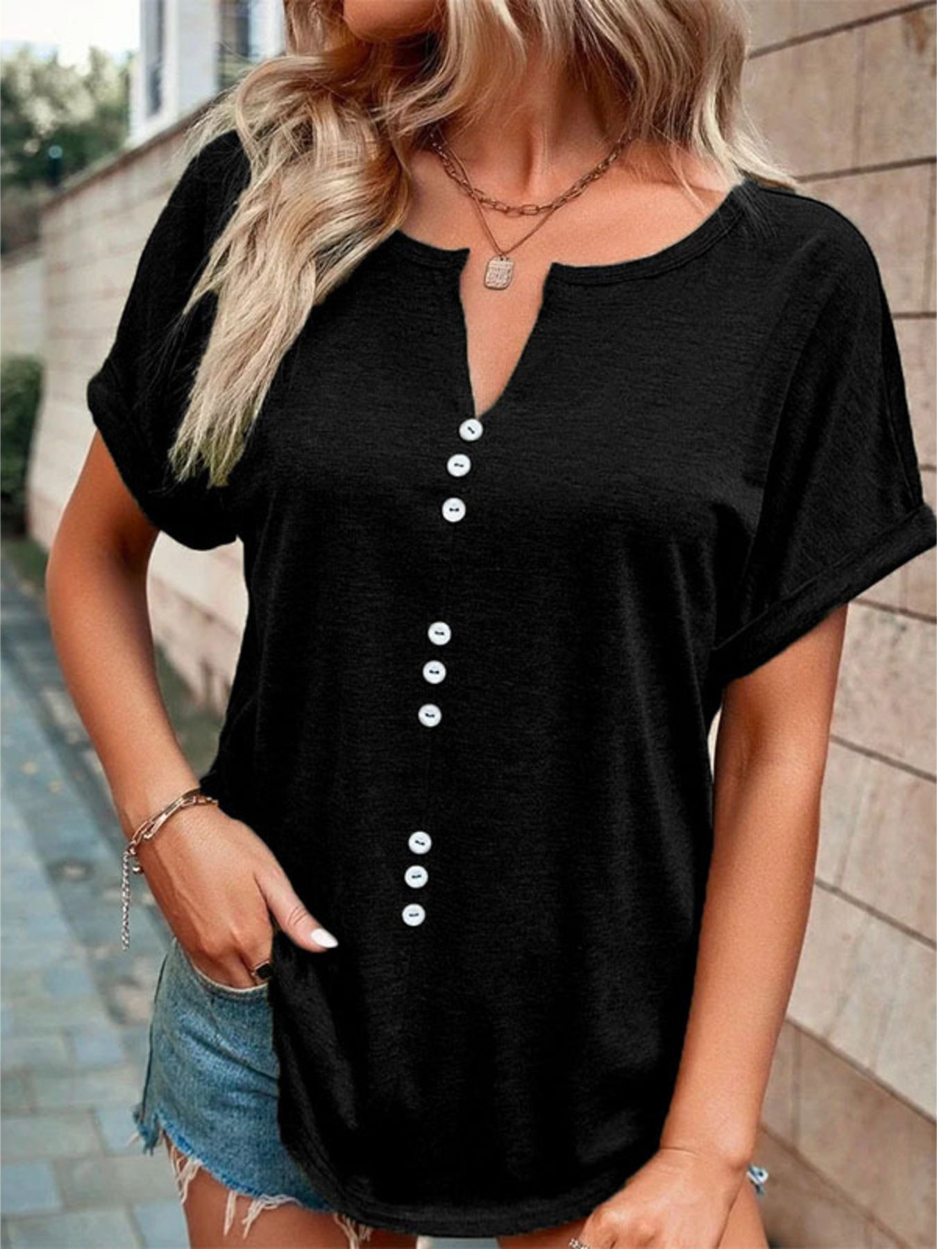 Full Size Decor Button Short Sleeve T-Shirt Plus Size
