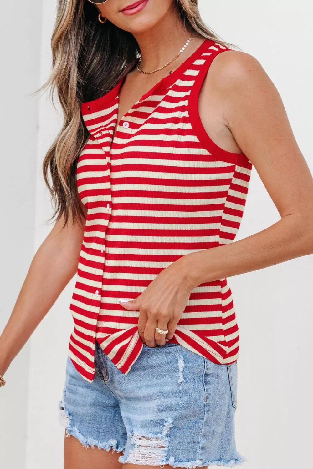 Stripe Buttoned Ribbed Knit Tank Top