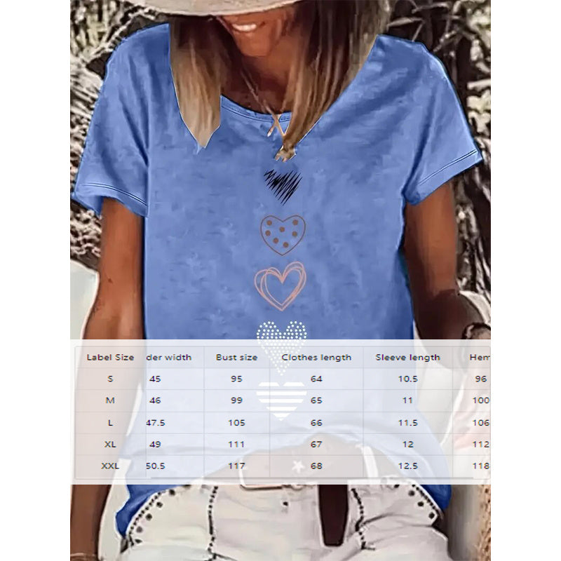 Heart Print T-Shirt Comfortable Round Neck Summer Tee