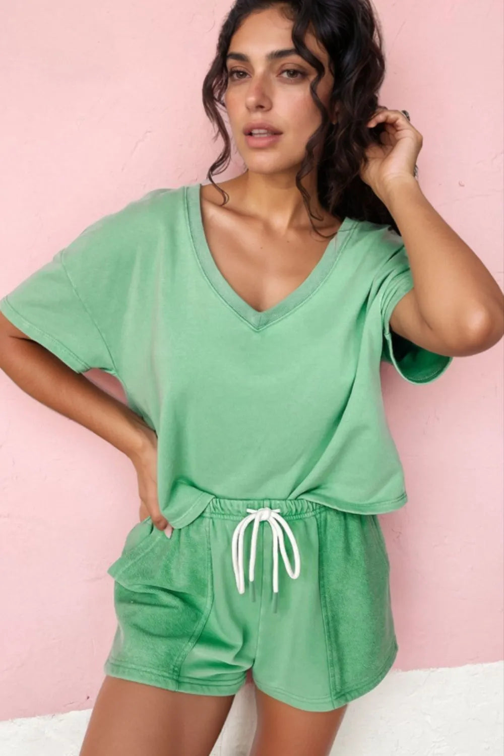 V-Neck Short Sleeve Loose Top and Drawstring Shorts Set