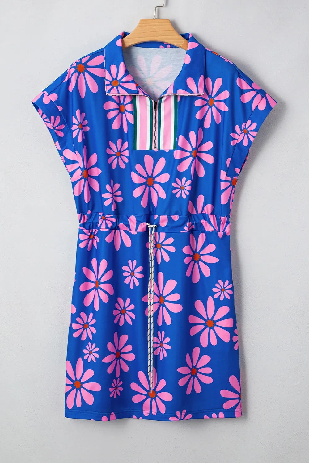 Floral Print Zip Collar Drawstring Summer Mini Dress