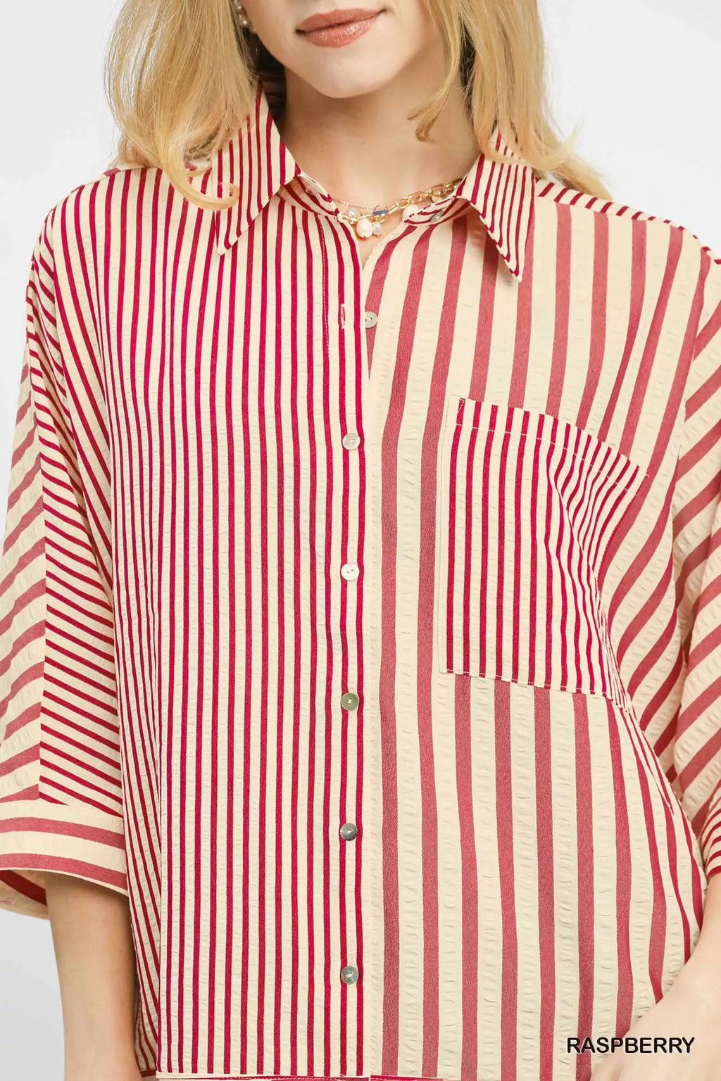 Umgee Mixed Stripe Oversized Button Down Top