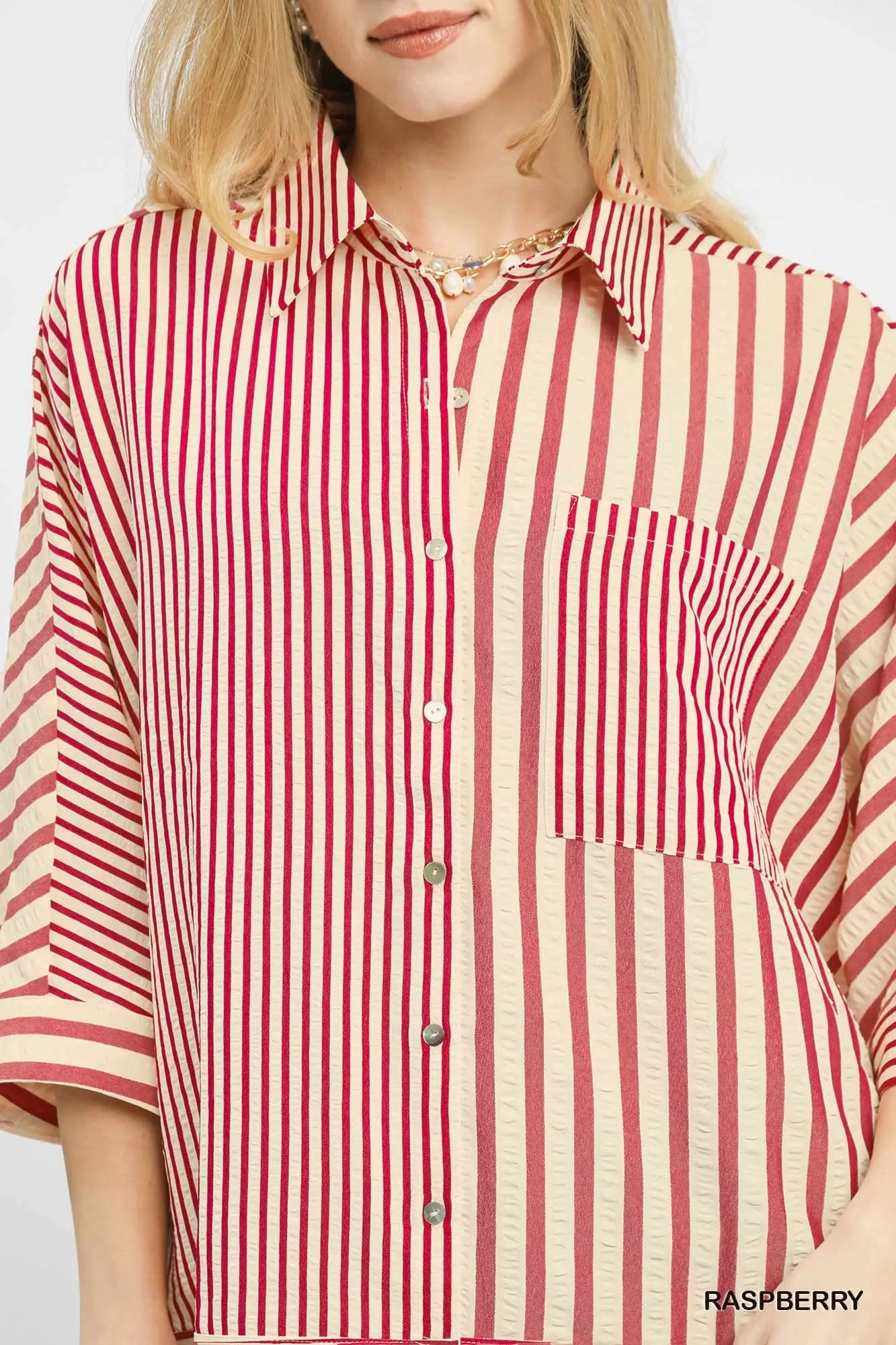 Umgee Mixed Stripe Oversized Button Down Top