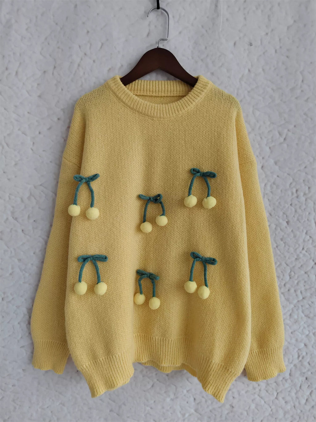 Cherry Pom-Pom Knit Round Neck Sweater