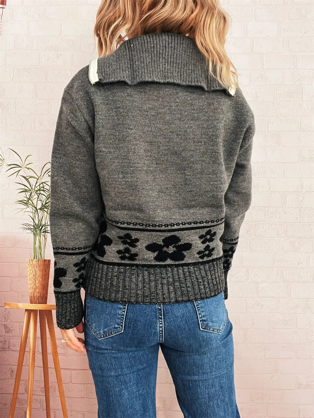 Flower Zip Collar Long Sleeve Sweater
