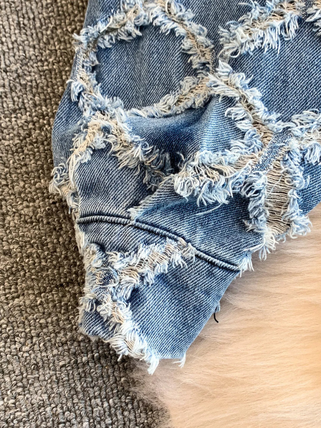 Distressed Diamond Pattern Jacket and Shorts Denim Set