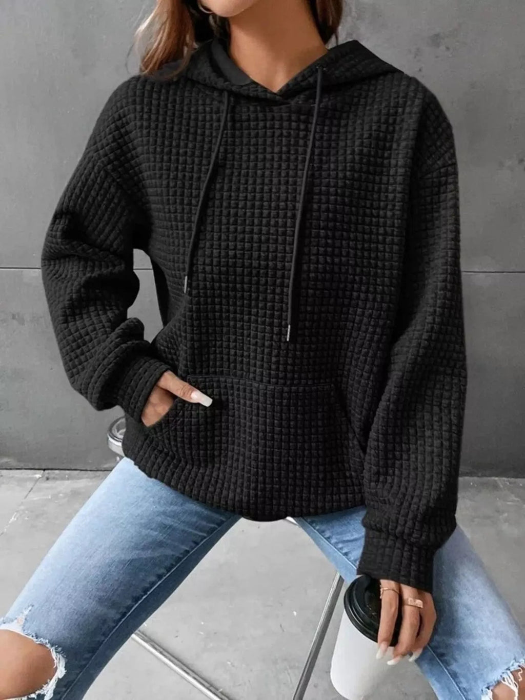 Waffle Knit Hoodie with Drawstring Details