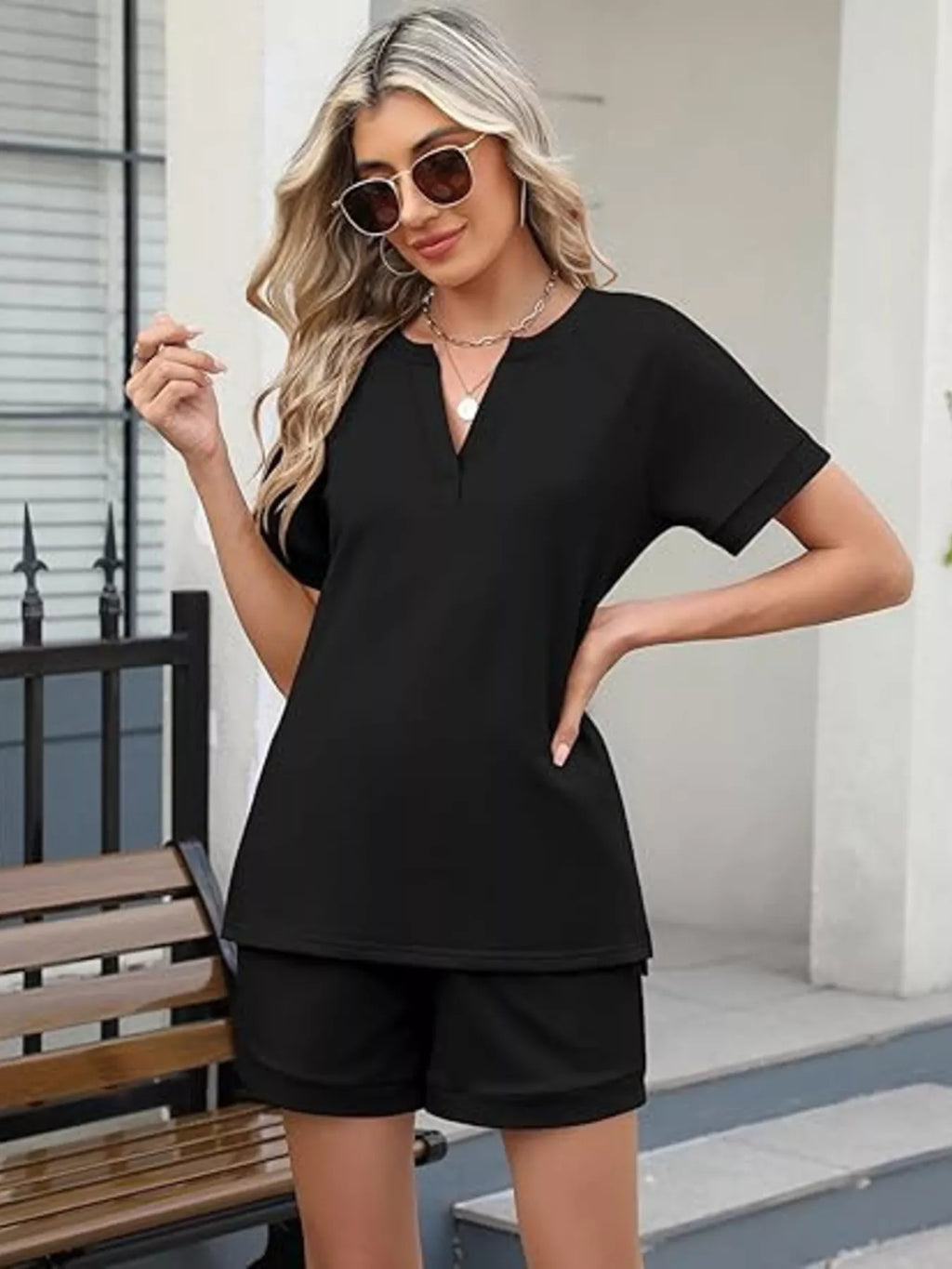 Solid Color Short Sleeve Top and Shorts Two-Piece Set