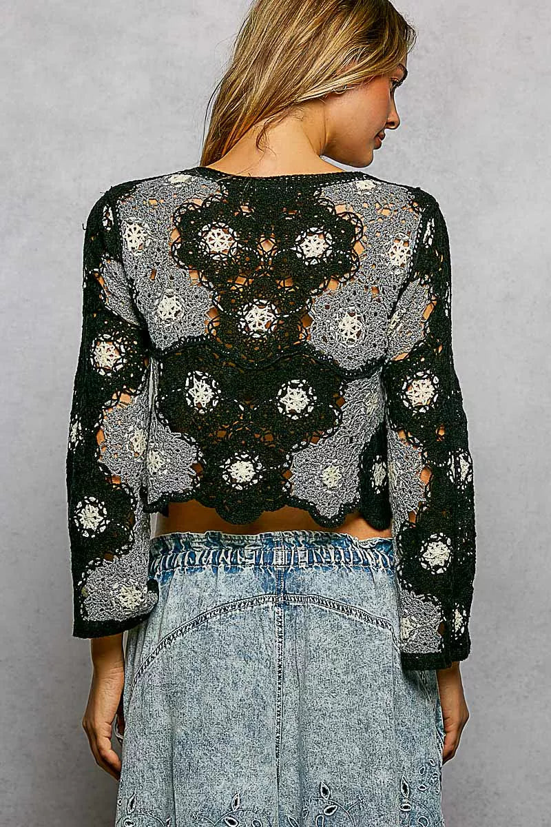 POL Floral Weave Pattern Crochet Cropped Top with Beads Detail