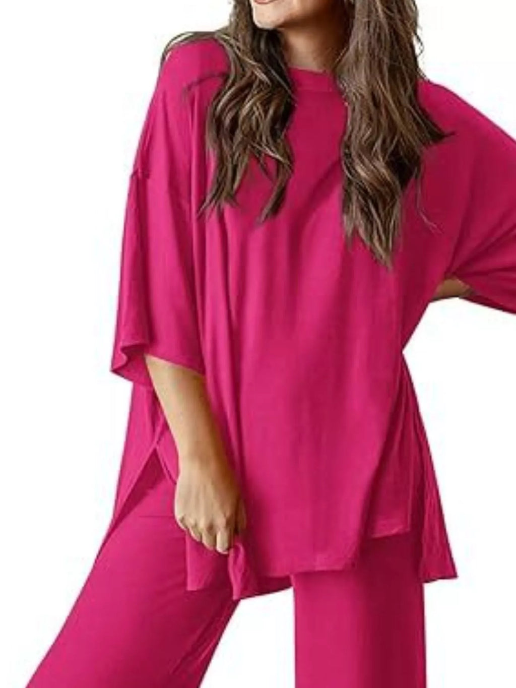 Slit Round Neck Top and Pants Set