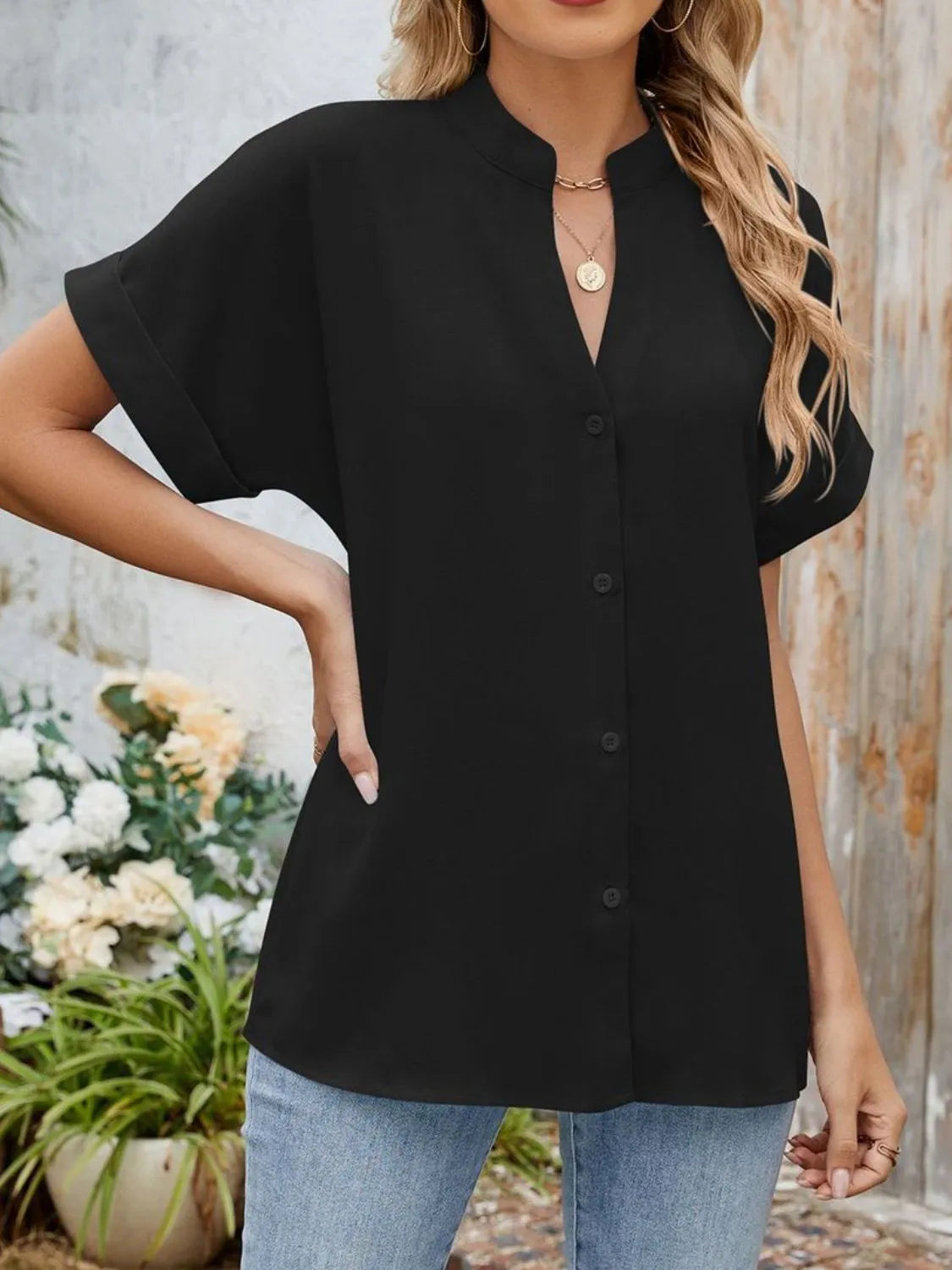Notched Short Sleeve Blouse