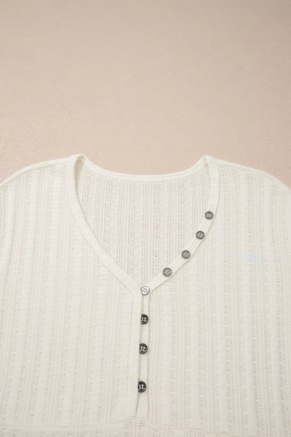 Ribbed Knit Button Detail V-Neck T-Shirt