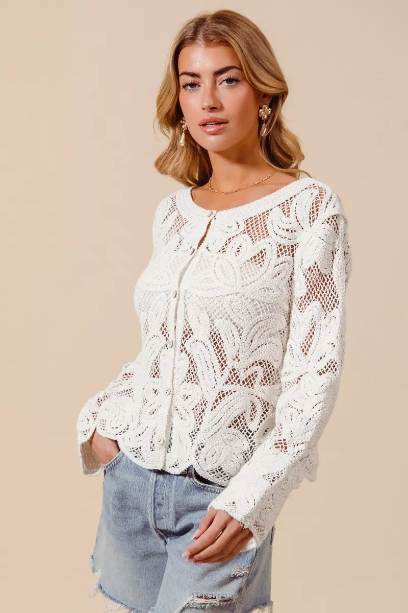 SO ME Button Front Floral Pattern Crochet Lace Cardigan