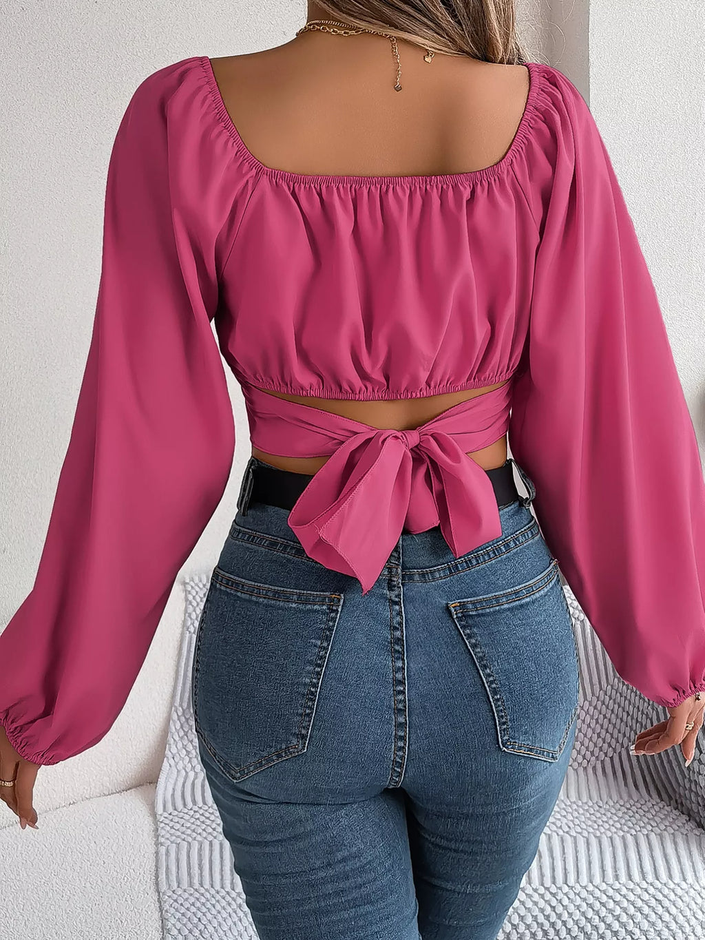 Scoop Neck Balloon Sleeve Cropped Blouse