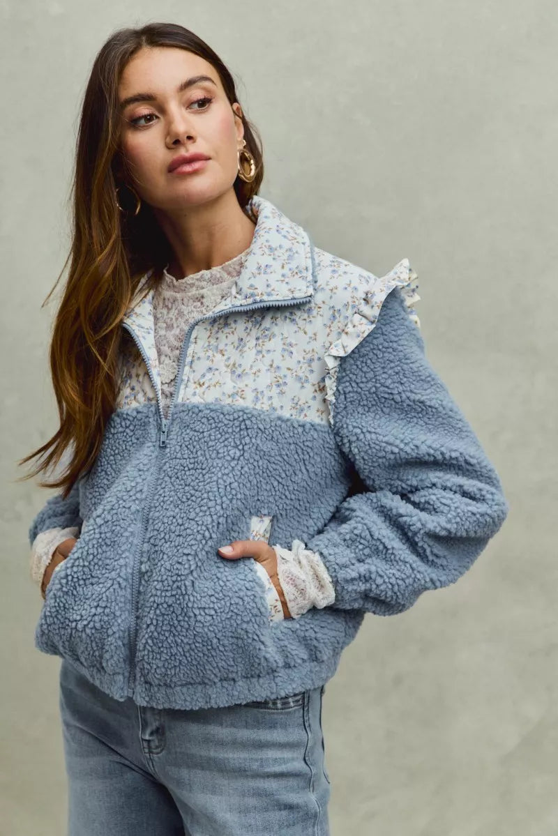 SO ME Faux Fur Sherpa Pull Jacket with Floral Contrast