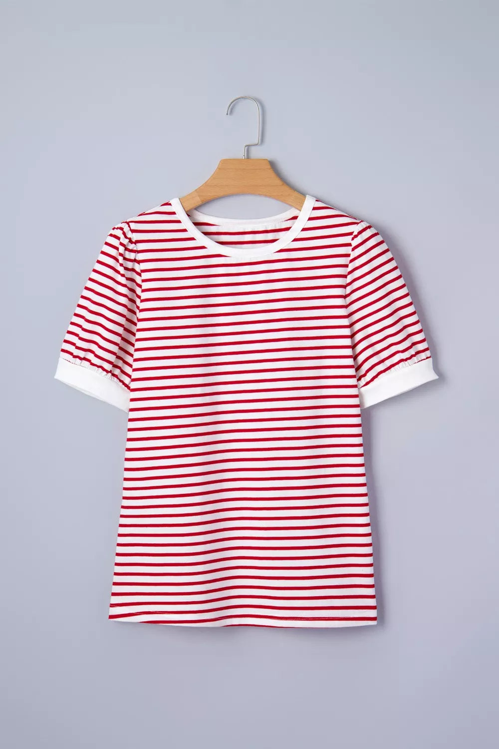 Stripe Contrast Trim Round Neck Short Puff Sleeve T Shirt