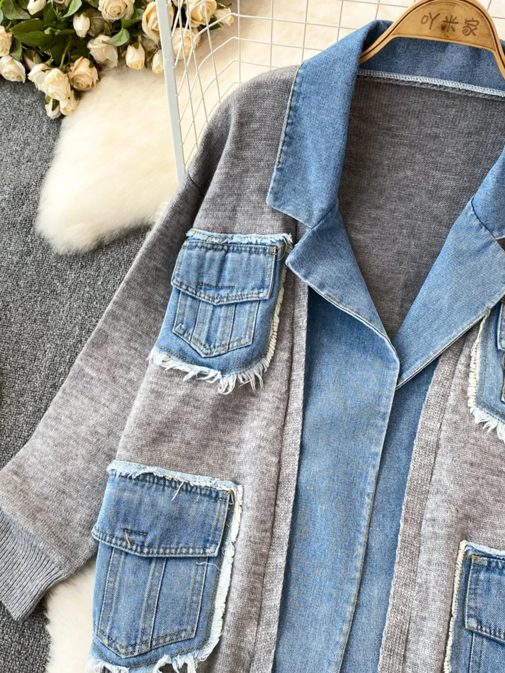 Raw Hem Denim Pocket Patchwork Cardigan