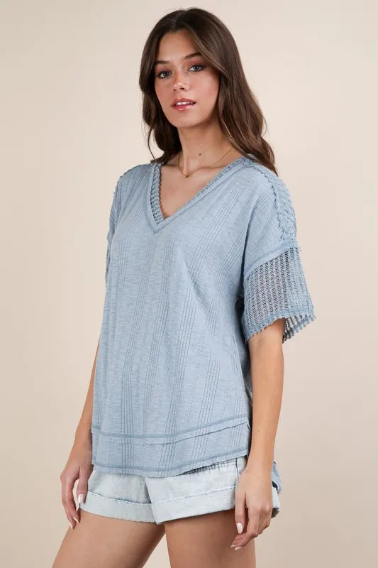 VERY J Oversized Contrast Knit Comfy Casual Top