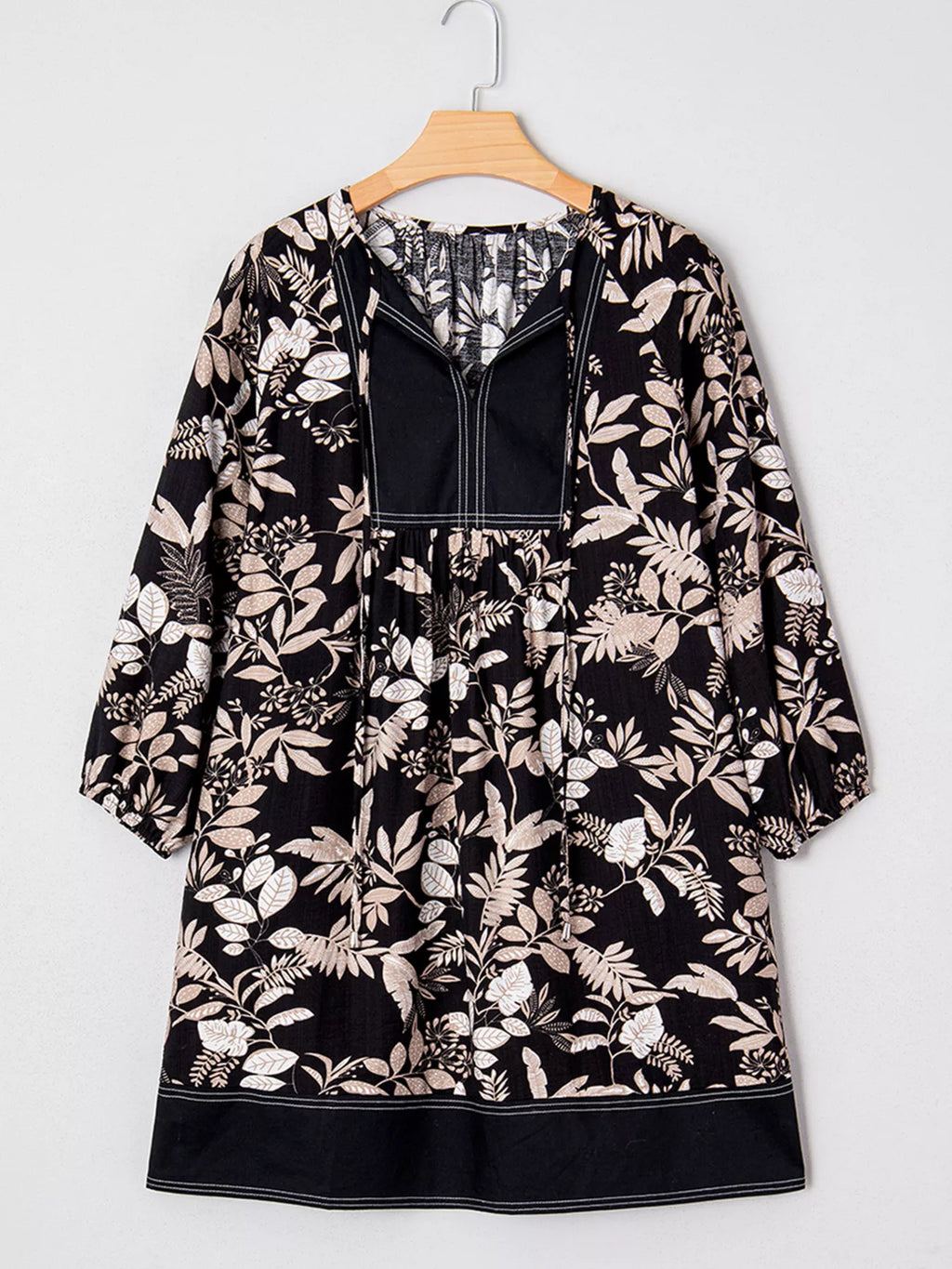 3/4 Sleeve Botanical Print Split Neck Loose Mini Dress