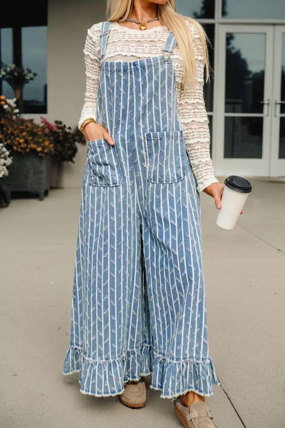 Striped Distressed Ruffled Wide Leg Denim Overalls