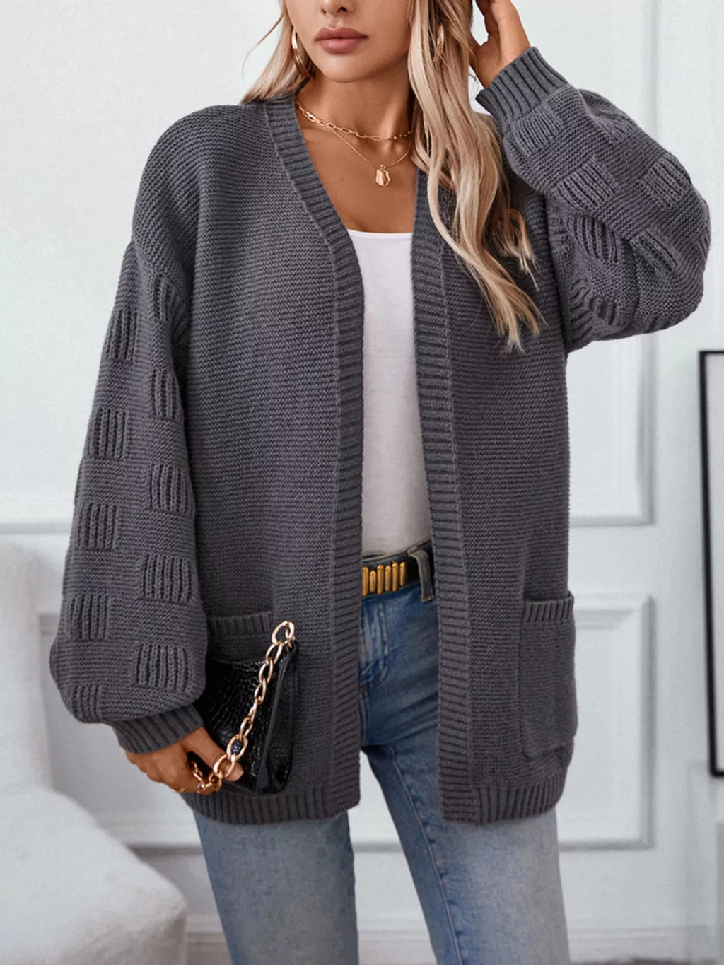 Textured Knit Open Front Cardigan