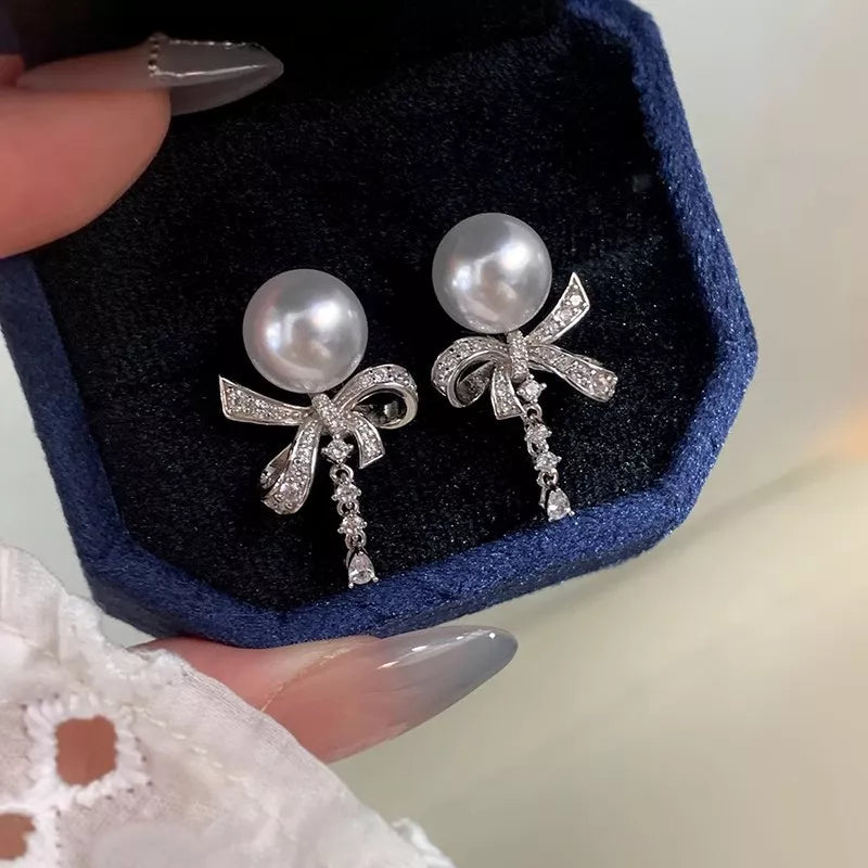 Pearl & Bow Drop Earrings