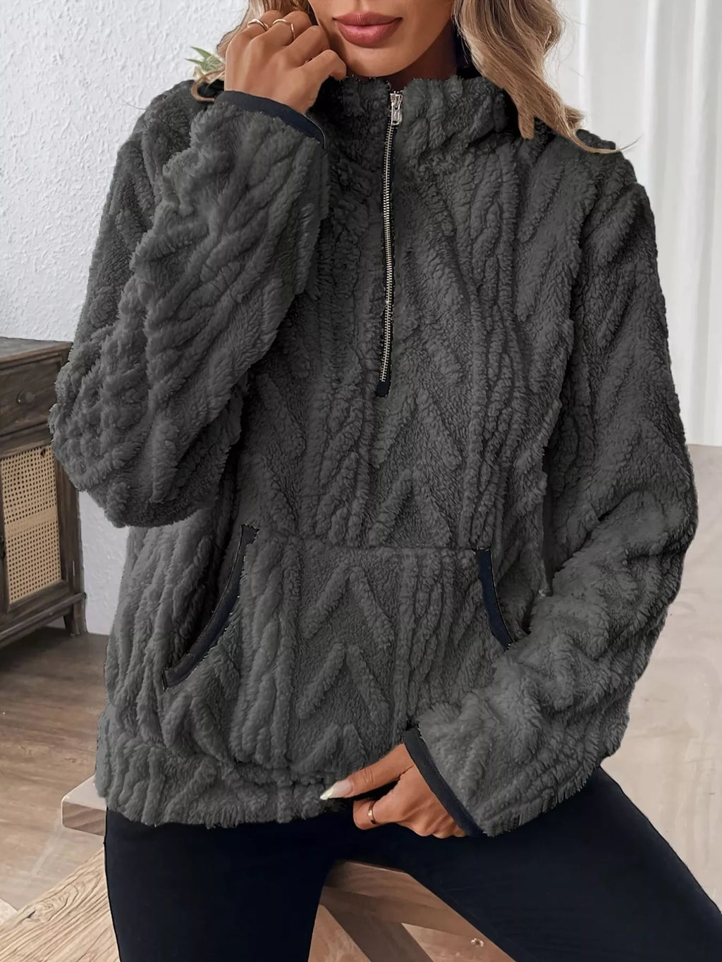 Full Size Half Zip Kangaroo Pocket Sweatshirt Plus Size