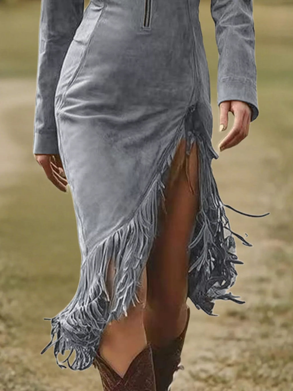 Full Size Fringe Hem Zip Front Bodycon Dress Plus Size