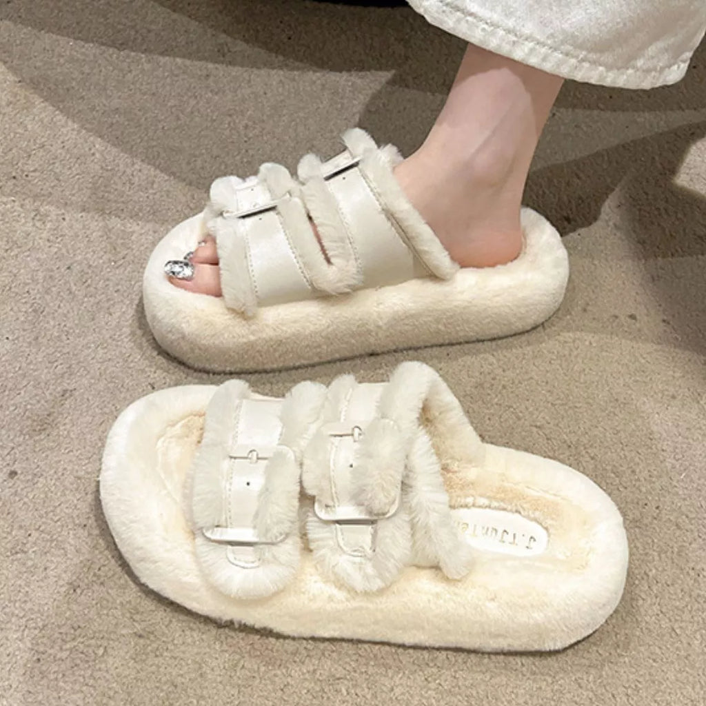 Fuzzy Buckle Detail Slippers