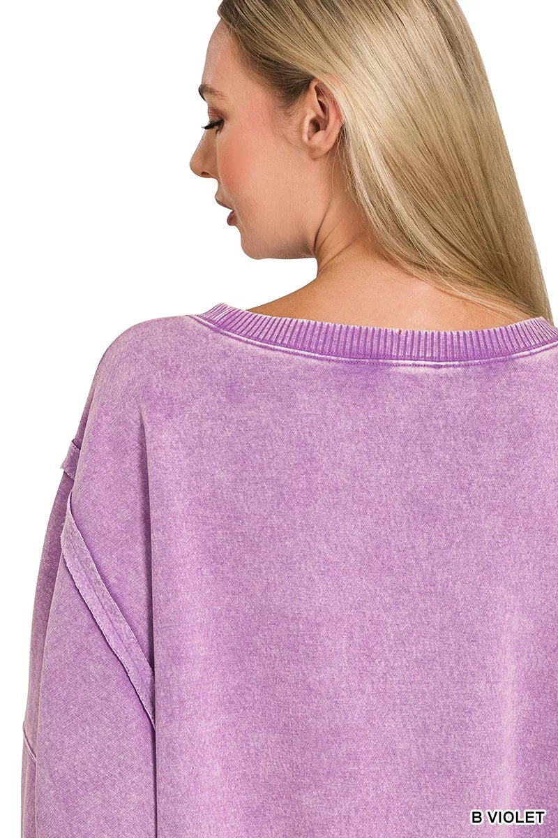 Zenana Acid Washed Batwing Sleeve Fleece Sweatshirt