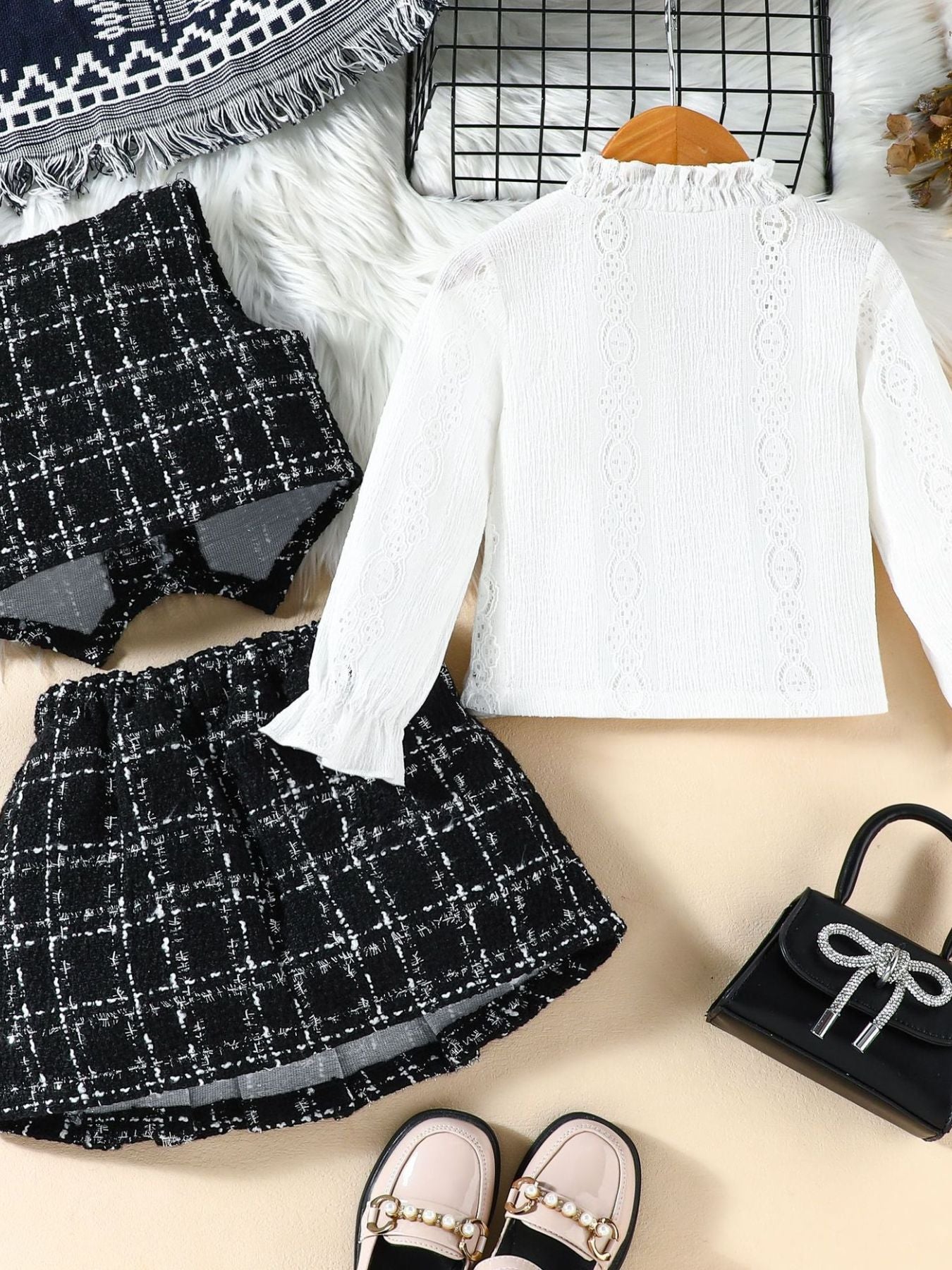 Children's Long Sleeve Top & Plaid Vest & Pleated Skirt Set