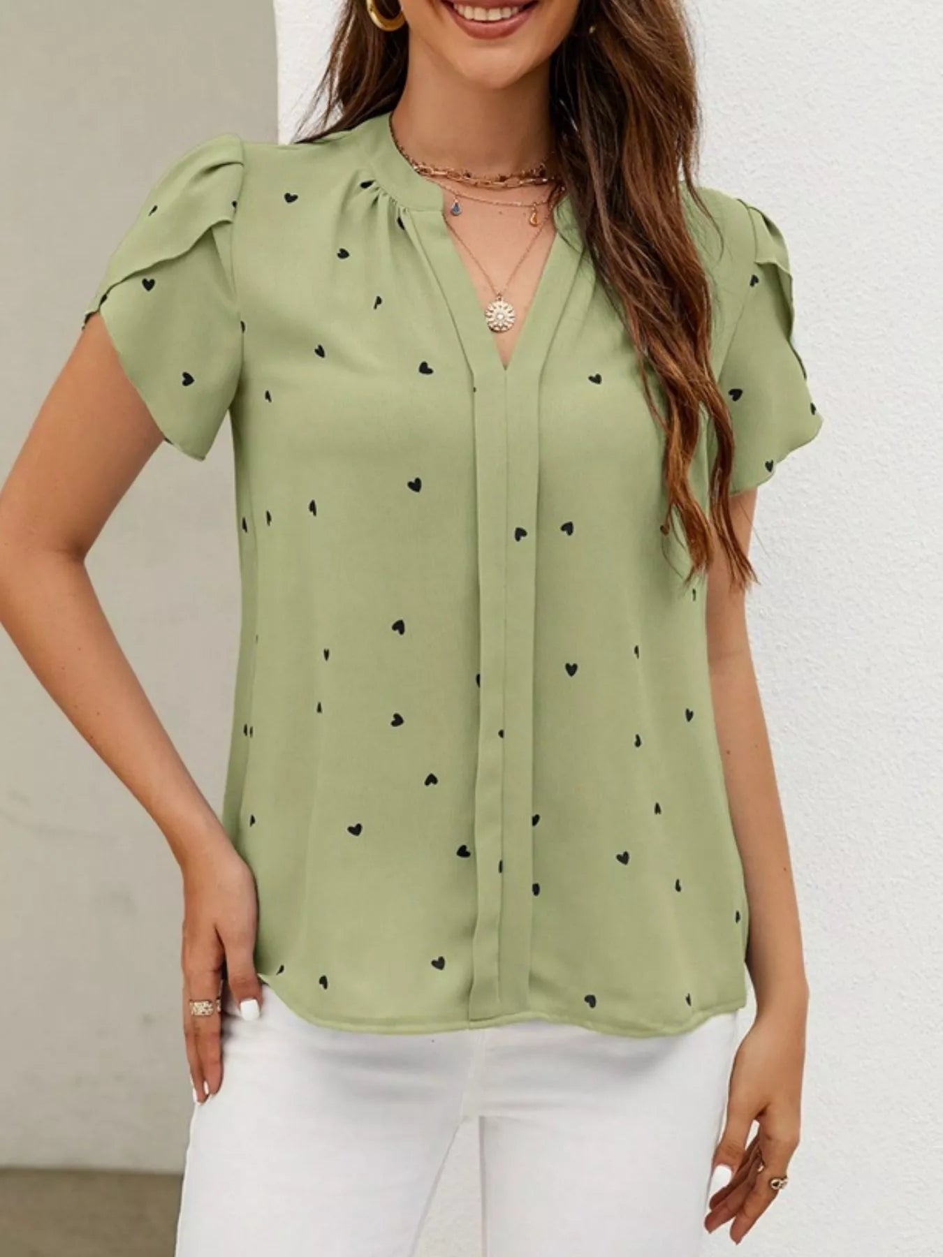 Heart Print Petal Sleeve Blouse